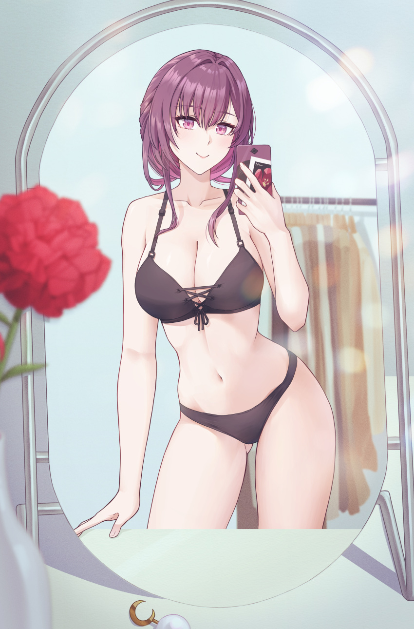 1girl absurdres bare_arms bare_shoulders black_bra black_panties bra cellphone commentary cowboy_shot flower hand_up highres holding holding_phone honkai:_star_rail honkai_(series) kafka_(honkai:_star_rail) looking_at_viewer mirror miyo12 navel panties phone purple_eyes purple_hair red_flower reflection short_hair smartphone smile solo standing stomach thighs underwear