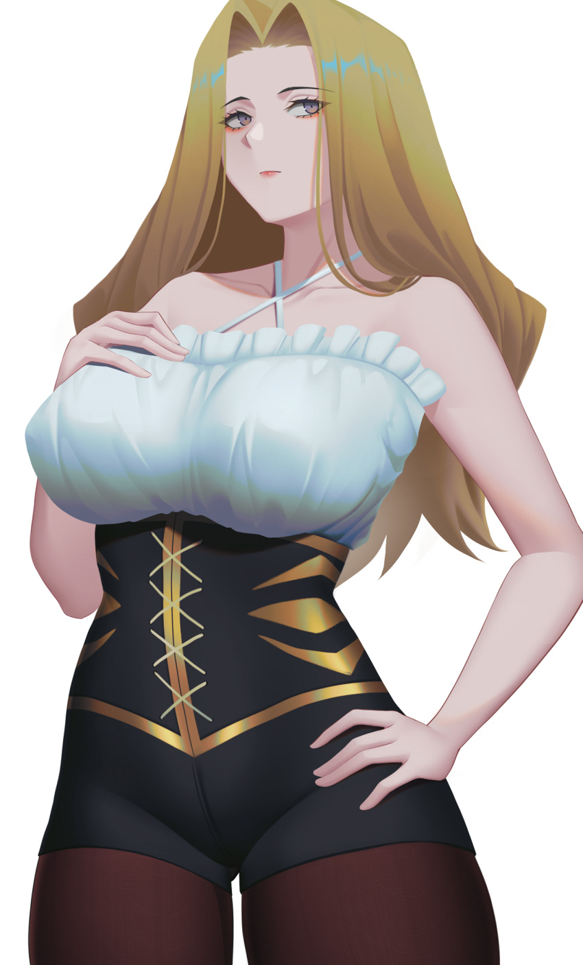 1girl artist_name bare_arms bare_shoulders black_corset black_eyes blonde_hair bra breasts brown_hair brown_pantyhose closed_mouth collarbone corset cowboy_shot frilled_bra frills halterneck hand_on_own_chest highres large_breasts long_hair methode_(sousou_no_frieren) pantyhose ryumikooo simple_background solo sousou_no_frieren underwear white_background white_bra