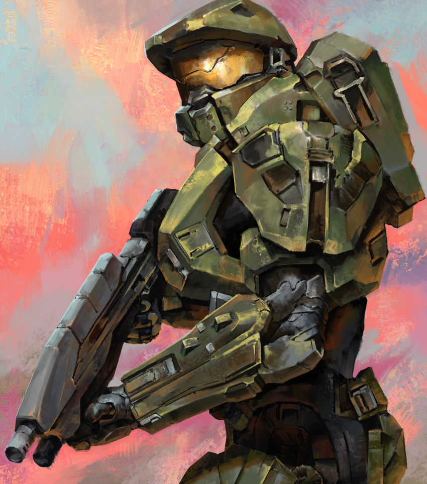 1boy absurdres armor assault_rifle assault_visor black_gloves bullpup facing_up from_side gloves gun halo_(series) halo_5:_guardians highres holding holding_gun holding_weapon ma5 male_focus master_chief mumu_mei power_armor rifle science_fiction solo spartan_(halo) weapon