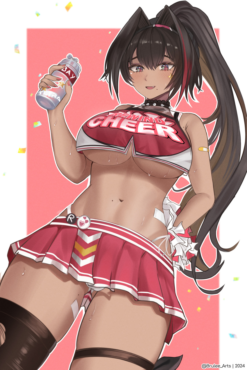 1girl absurdres ass_visible_through_thighs bandaid bandaid_on_arm bare_shoulders bay_(nikke) blush bottle breasts brown_hair brulee cheerleader choker collar cowboy_shot crop_top crop_top_overhang dark-skinned_female dark_skin english_text fang from_below goddess_of_victory:_nikke hair_between_eyes hair_intakes hand_on_own_hip highleg highleg_panties highres holding holding_pom_poms large_breasts long_hair looking_at_viewer midriff miniskirt mole mole_under_mouth multicolored_hair navel open_mouth panties panty_peek pantyshot pink_nails pleated_skirt pom_pom_(cheerleading) red_streaks single_thighhigh skirt sleeveless smile solo spiked_choker spiked_collar spikes star_sticker sticker_on_face streaked_hair sweat tan thigh_strap thighhighs thighs torn_clothes torn_socks underboob underwear water_bottle white_panties