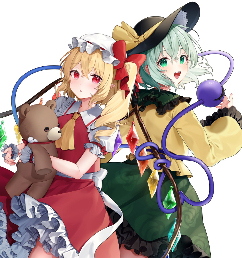 2girls :d ascot back-to-back black_hat blush bow commentary cowboy_shot crossed_bangs crying crystal eyelashes flandre_scarlet floating_hair floral_print frilled_shirt_collar frilled_skirt frilled_sleeves frills green_eyes green_hair green_skirt hair_between_eyes hair_bow hand_up happy hat hat_bow hat_ribbon highres holding holding_stuffed_toy komeiji_koishi long_sleeves looking_at_viewer looking_back medium_hair mob_cap multiple_girls open_mouth pointy_ears puffy_short_sleeves puffy_sleeves red_bow red_eyes red_skirt red_vest ribbon rose_print shirt short_sleeves side_ponytail simple_background skirt smile stuffed_animal stuffed_toy teddy_bear teeth third_eye touhou trait_connection tsurime upper_teeth_only usushio vest white_background white_hat white_shirt wide_sleeves wings wrist_cuffs yellow_ascot yellow_bow yellow_shirt