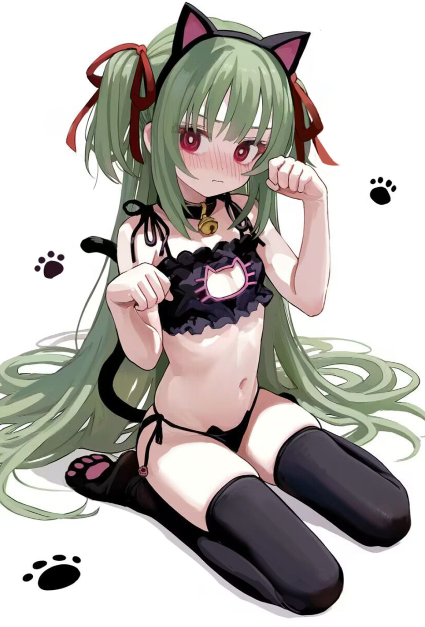 1girl 3: alternate_costume animal_ears bare_arms bare_shoulders batiao_zhai bell black_bra black_choker black_panties black_thighhighs blunt_bangs blush bra breasts bright_pupils cat_ears cat_lingerie cat_tail chinese_commentary choker cleavage cleavage_cutout closed_mouth clothing_cutout collarbone colored_eyelashes commentary embarrassed eyebrows_hidden_by_hair fake_animal_ears fake_tail full_body green_hair hair_ribbon hair_spread_out hands_up highres hime_cut jingle_bell long_hair looking_at_viewer meme_attire midriff murasame_(senren) navel neck_bell nose_blush panties paw_pose paw_print red_eyes red_ribbon ribbon seiza senren_banka side-tie_panties sidelocks simple_background sitting skindentation small_breasts solo spaghetti_strap stomach straight_hair tail thighhighs thighs two_side_up underwear very_long_hair white_background white_pupils
