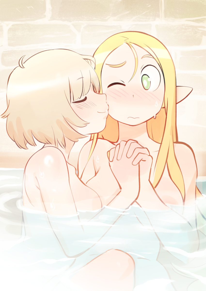 2girls absurdres bath bathing blonde_hair blush closed_eyes colo_(nagrolaz) completely_nude dungeon_meshi elf falin_touden green_eyes highres holding_hands interlocked_fingers kiss long_hair marcille_donato multiple_girls nude one_eye_closed pointy_ears shared_bathing short_hair sitting steam water wet yuri