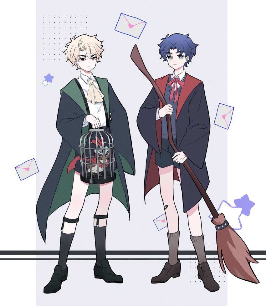 2boys ascot bandaid bandaid_on_knee bandaid_on_leg bird black_coat black_shorts black_socks black_sweater bow bowtie broom cage chuchumimipupu coat commentary_request dio_brando frown grey_shirt gryffindor hawk highres holding holding_broom holding_cage jojo_no_kimyou_na_bouken jonathan_joestar letter male_focus multiple_boys pet_shop phantom_blood red_bow red_bowtie shirt short_shorts shorts slytherin smile socks star_(symbol) sweater two-sided_coat two-sided_fabric wizarding_world yellow_ascot