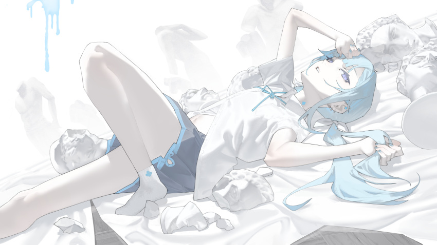 1boy amane_louis bed_sheet black_skirt blue_eyes blue_hair blue_ribbon broken bust_(sculpture) commentary_request dutch_angle ear_piercing expressionless foot_out_of_frame from_side hair_spread_out hand_on_forehead highres holding_own_hair knee_up long_hair looking_at_viewer looking_to_the_side low_twintails lying male_focus marble_(stone) mi8pq navel neck_ribbon on_back otoko_no_ko paint_splatter parted_lips partially_unbuttoned piercing pleated_skirt purple_eyes ribbon shirt short_sleeves skirt socks solo stomach twintails utau white_background white_shirt white_socks