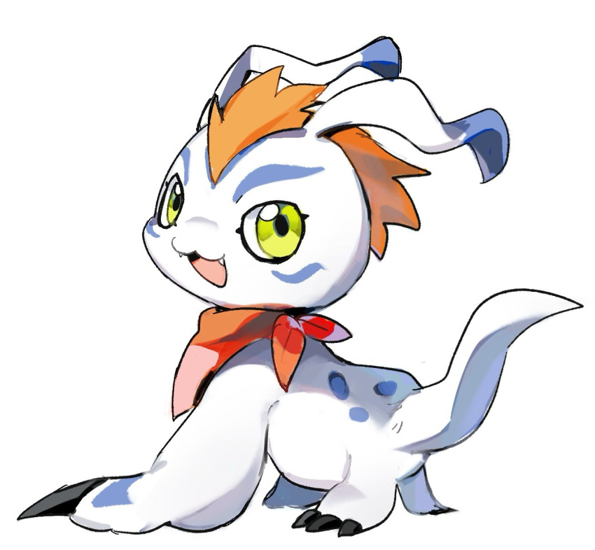 :3 all_fours bandana bandana_around_neck digimon digimon_(creature) fangs from_behind full_body gomamon green_eyes highres looking_back mohawk red_bandana red_hair shui_miao simple_background white_background white_fur white_tail