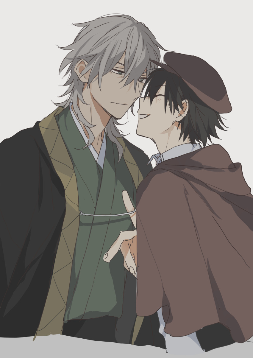 2boys absurdres azuki_(aduki) black_hair brown_capelet brown_hat bungou_stray_dogs capelet closed_eyes closed_mouth collared_shirt commentary_request edogawa_ranpo_(bungou_stray_dogs) facing_another fukuzawa_yukichi_(bungou_stray_dogs) green_kimono grey_background grey_eyes grey_hair hair_between_eyes haori hat highres jacket japanese_clothes kimono long_sleeves looking_at_another male_focus medium_hair multiple_boys shirt short_hair simple_background smile yaoi yukata