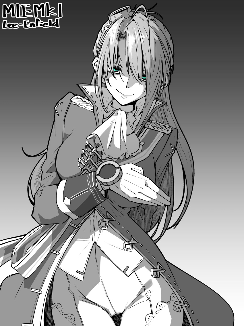 1girl absurdres ahoge aqua_eyes ascot breasts character_name commentary evil_smile girls'_frontline gloves gradient_background greyscale highres lee-enfield_(girls'_frontline) long_hair looking_at_viewer minami_shin_(zenshuu_bougyo) monochrome partially_shaded_face shaded_face smile solo spot_color straight-on