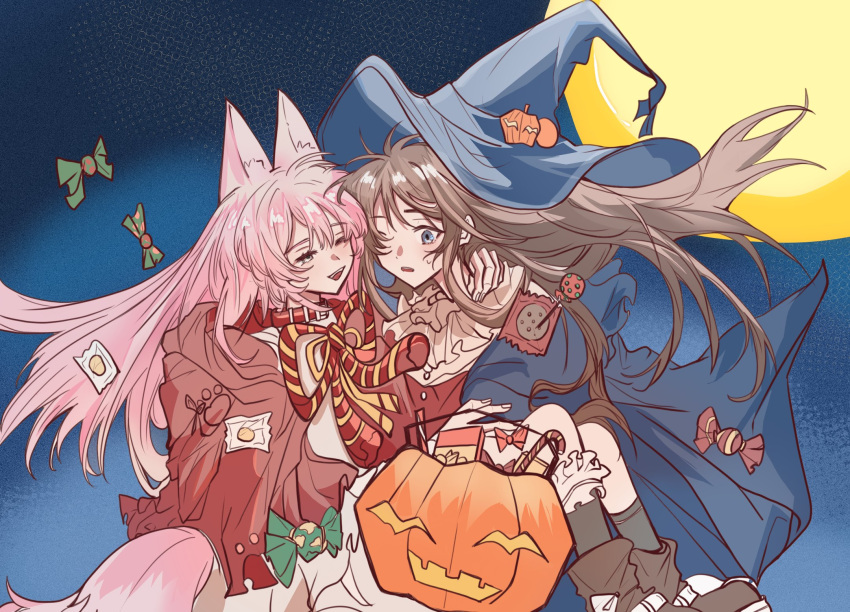 2girls 4711_(xx) animal_ears bang_dream! bang_dream!_it's_mygo!!!!! brown_hair carrying carrying_person chihaya_anon coat collar commentary floating_hair fox_ears fox_girl fox_tail green_coat green_hat halloween hashtag-only_commentary hat highres hood hooded_jacket jack-o'-lantern jacket kemonomimi_mode long_hair multiple_girls nagasaki_soyo neck_ribbon one_eye_closed open_clothes open_jacket open_mouth pink_hair princess_carry red_collar red_jacket red_ribbon ribbon shirt sweatdrop tail teeth upper_teeth_only white_shirt witch_hat