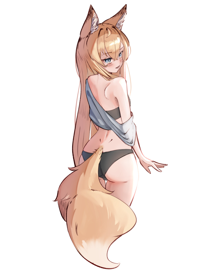 1girl :d animal_ears ass bandeau black_bandeau black_panties blonde_hair blue_eyes fosqie fox_ears fox_girl fox_tail from_behind highres light_brown_hair long_hair looking_at_viewer no_pants off_shoulder open_mouth original panties smile tail underwear