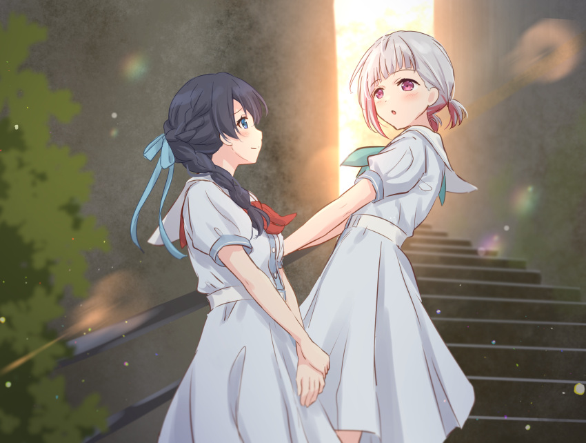 2girls aqua_neckerchief backlighting blue_eyes blue_hair blue_ribbon braid dark_blue_hair dollchestra dress grey_hair hair_ribbon hand_on_railing hasu_no_sora_school_uniform highres light_particles link!_like!_love_live! long_hair looking_at_another love_live! multicolored_hair multiple_girls murano_sayaka neckerchief pleated_dress ponytail red_eyes red_hair red_neckerchief ribbon sailor_collar sailor_dress school_uniform short_hair short_sleeves short_twintails single_braid streaked_hair summer_uniform twintails v_arms virtual_youtuber white_dress white_sailor_collar yugiri_tsuzuri yutuki_ame