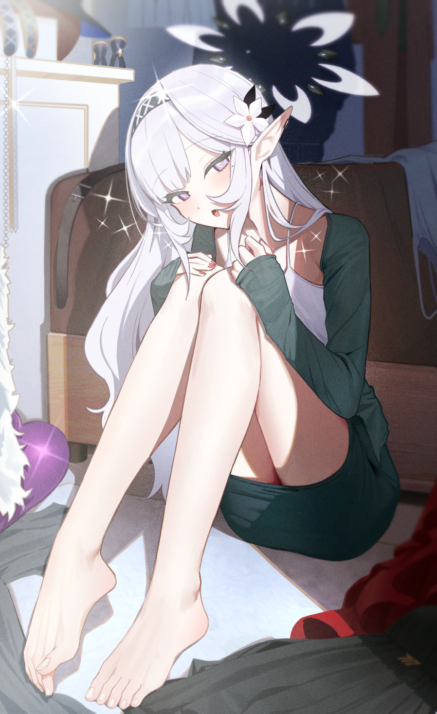 1girl :o alternate_costume bare_legs barefoot bed black_jacket black_skirt blue_archive blush camisole casual feet fingernails flower grey_hair hair_flower hair_ornament halo hand_on_own_knee highres himari_(blue_archive) indoors jacket knees_up long_hair long_sleeves looking_at_viewer nail_polish on_floor pointy_ears sitting skirt solo sparkle toenails toes very_long_hair white_camisole zanya_000