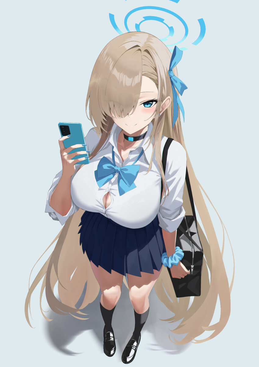 1girl absurdly_long_hair alternate_costume asuna_(blue_archive) bag black_choker blue_archive blue_bow blue_eyes blue_halo blue_nails bow breasts button_gap cellphone choker cleavage full_body halo highres holding holding_phone large_breasts light_brown_hair loafers long_hair looking_at_viewer nail_polish phone pleated_skirt school_uniform scrunchie shirt shoes shoulder_bag skirt smartphone smile solo standing su-102 very_long_hair white_background white_shirt wrist_scrunchie