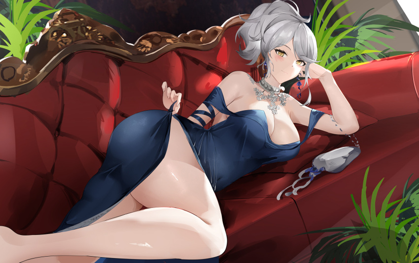 1girl baige0 bare_shoulders blue_dress blush breasts closed_mouth commentary couch dress earrings english_commentary eternity_(reverse:1999) grey_hair highres jewelry large_breasts looking_at_viewer medium_hair off_shoulder ponytail reverse:1999 smile solo thighs
