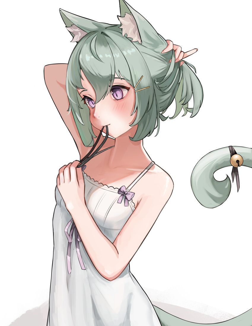 1girl absurdres adjusting_hair animal_ear_fluff animal_ears bell breasts cat_ears cat_girl cat_tail fosqie green_hair highres holding_own_hair jingle_bell mouth_hold nightgown original purple_eyes ribbon ribbon_in_mouth short_hair sleeveless tail tail_bell tail_ornament white_nightgown