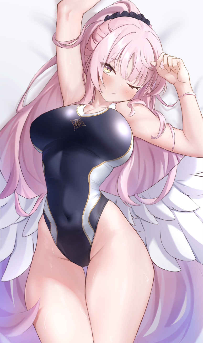 1girl absurdres angel_wings arm_up armpits bed_sheet black_scrunchie blue_archive blue_one-piece_swimsuit blush breasts closed_mouth collarbone commentary competition_school_swimsuit covered_navel english_commentary feathered_wings hair_ornament hair_scrunchie high_ponytail highres large_breasts long_hair low_wings lying mika_(blue_archive) on_back one-piece_swimsuit one_eye_closed pink_hair reneua school_swimsuit scrunchie solo swimsuit thigh_gap thighs trinity_general_school_swimsuit wet white_wings wings yellow_eyes