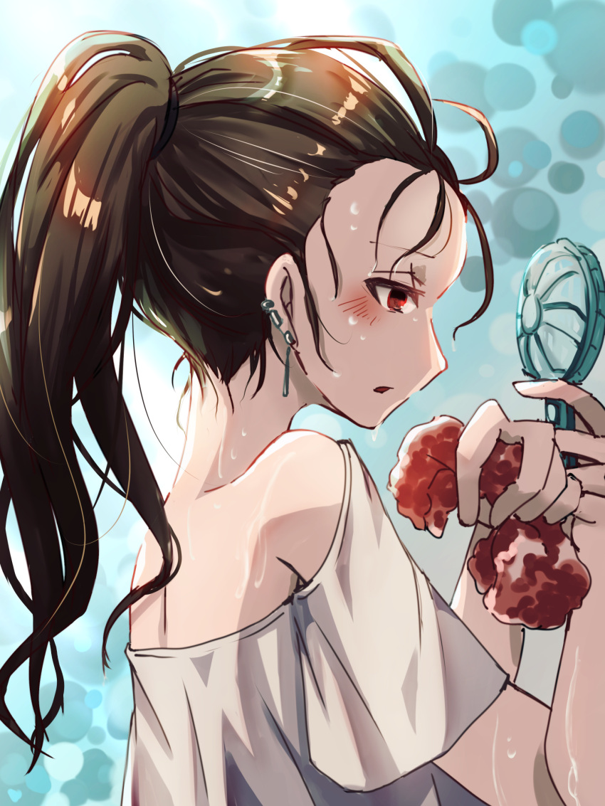 1girl back backlighting blue_background blush brown_hair commentary ear_piercing floating_hair forehead hair_pulled_back hand_fan hand_towel highres holding holding_fan holding_sponge hot komena_(shinyday312) messy_hair nape off_shoulder open_mouth original piercing ponytail profile red_eyes short_sleeves solo sponge sweat towel translation_request upper_body