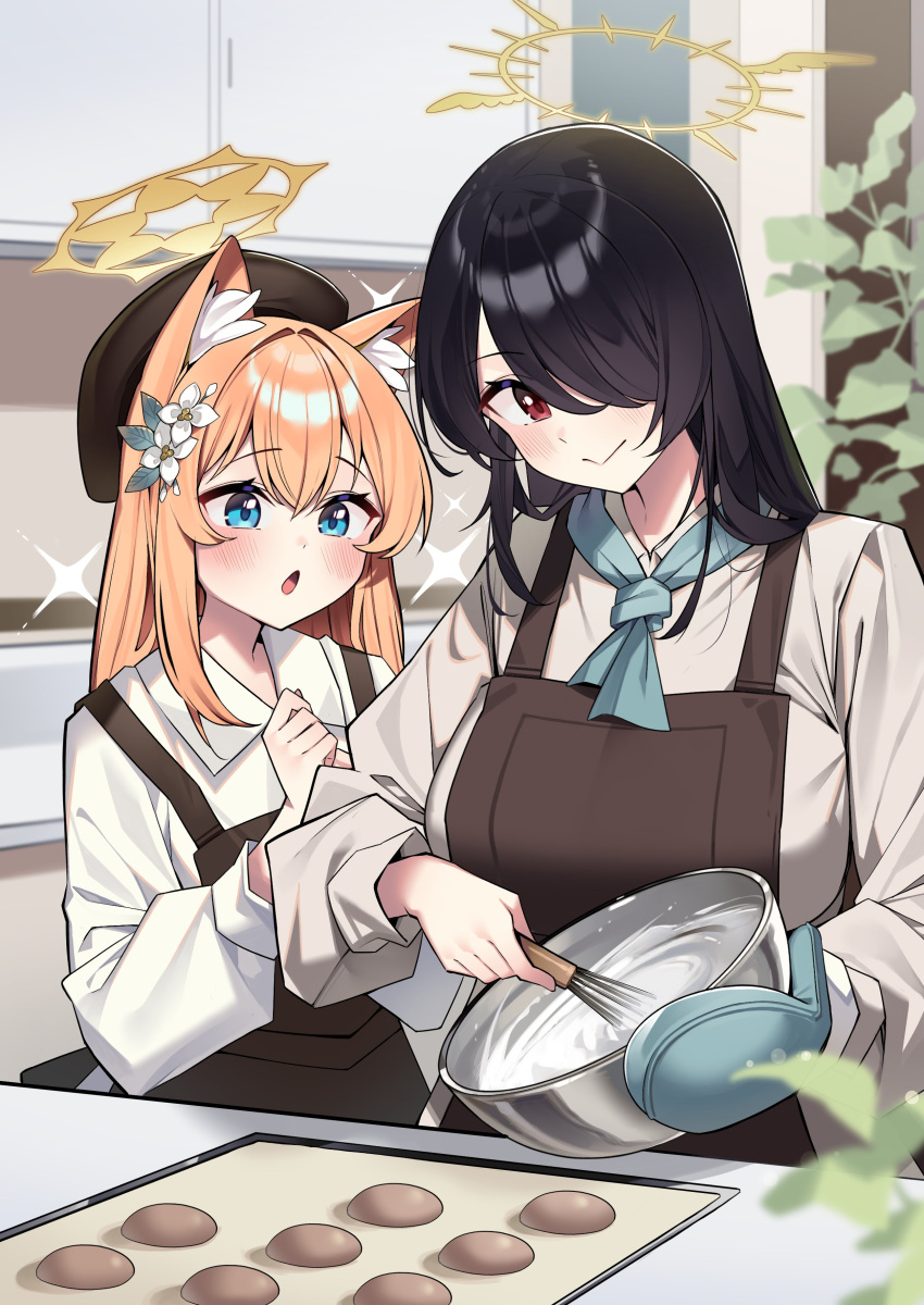 2girls :&gt; absurdres animal_ears apron beret black_apron black_hair blue_archive blue_eyes blue_neckerchief blush bowl closed_mouth collared_shirt commentary_request fox_ears fox_girl hair_between_eyes hair_over_one_eye halo hat highres hinata_(blue_archive) holding holding_bowl holding_whisk indoors kitchen long_hair long_sleeves looking_at_another looking_at_object mari_(blue_archive) mixing mixing_bowl multiple_girls muo_(muojjang_0929) neckerchief open_mouth orange_hair puffy_long_sleeves puffy_sleeves red_eyes shirt sparkle upper_body whisk white_shirt yellow_halo