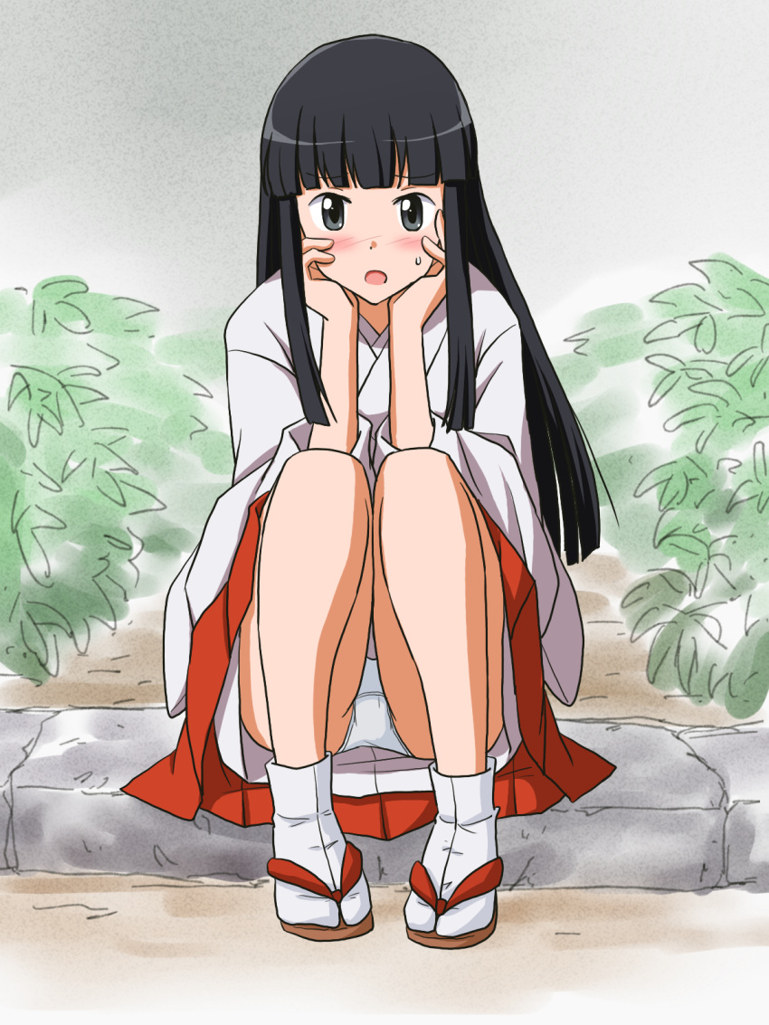 1girl black_eyes black_hair brown_footwear commentary_request commission crotch_seam frown hakama hakama_skirt hands_on_own_head highres hime_cut japanese_clothes kimono lielos long_hair long_sleeves looking_at_viewer open_mouth original panties pantyshot partial_commentary pixiv_commission pleated_skirt red_skirt sakamoto_miko sandals sitting skirt socks solo straight_hair sweatdrop tabi underwear white_kimono white_panties white_socks