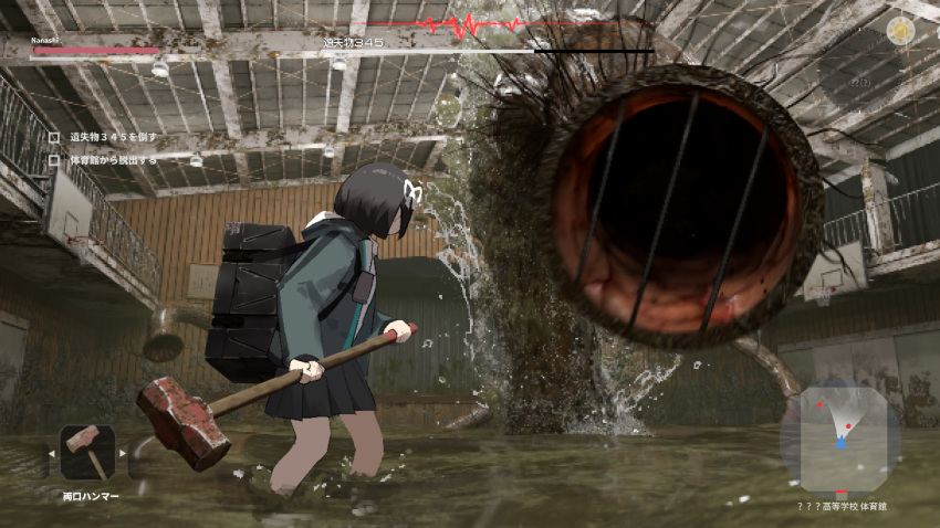 1girl backpack bag basketball_hoop battle black_hair black_skirt ceiling commentary_request fake_screenshot fighting_stance hammer heads-up_display highres holding holding_hammer hood hooded_jacket horror_(theme) indoors jacket looking_to_the_side lost_property_control_organization_(samidare) minimap miniskirt monster original partially_submerged protagonist_(lost_property_control_organization) samidare_(hoshi) school_uniform short_hair skirt sledgehammer translation_request water