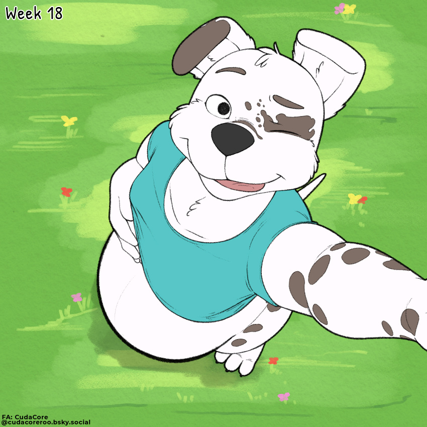 belly big_belly bottomless canid canine canis clothed clothing clothing_lift cudacore dalmatian domestic_dog feet grass hi_res male mammal outside pascal_(cudacore) paws plant pregnant pregnant_male selfie shirt shirt_lift slightly_chubby smile toes tongue tongue_out topwear