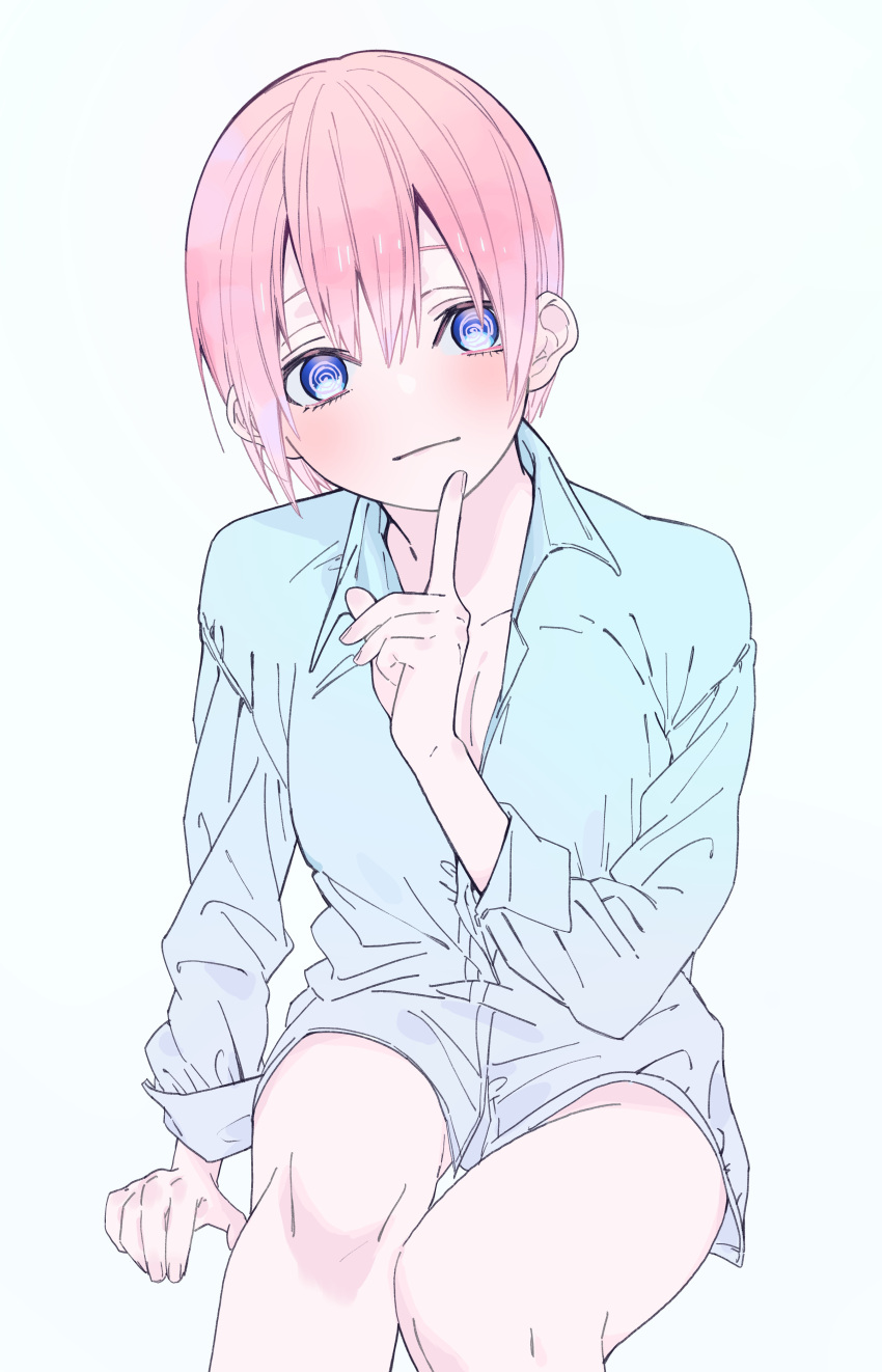 1girl @_@ absurdres blue_eyes blue_shirt blush breasts cleavage closed_mouth collarbone collared_shirt dress_shirt go-toubun_no_hanayome highres index_finger_raised invisible_chair long_sleeves looking_at_viewer nakano_ichika naked_shirt pink_hair shirt short_hair simple_background sitting solo valentine_(02140314c) white_background