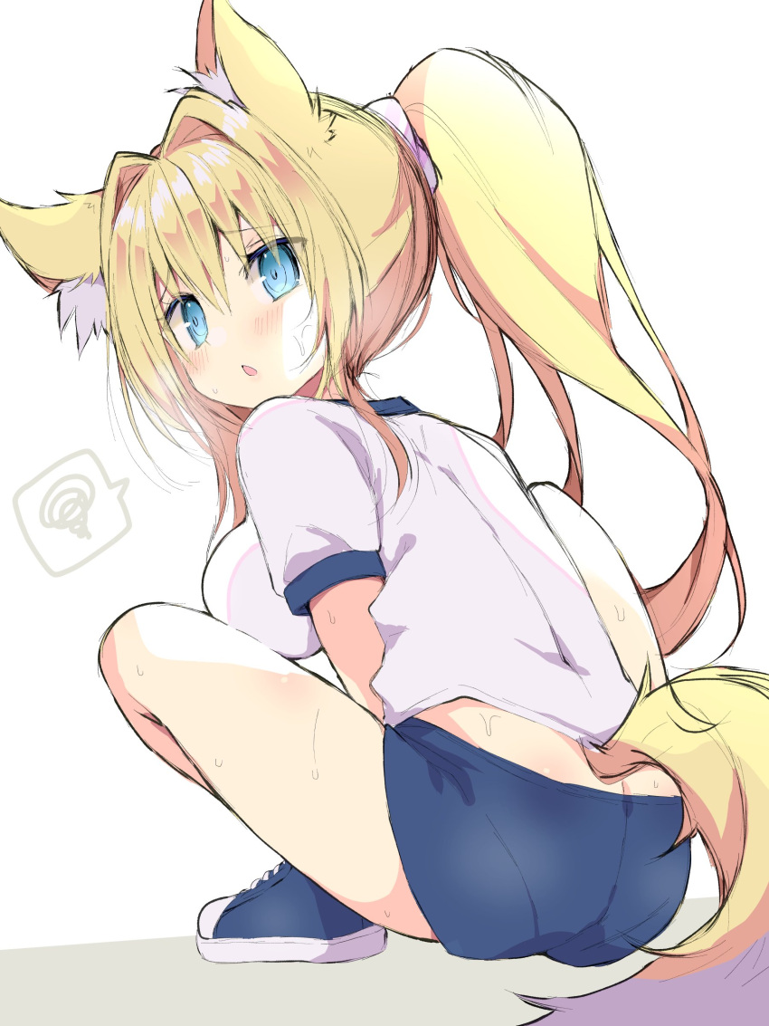 1girl absurdres animal_ear_fluff animal_ears ass blonde_hair blue_buruma blue_eyes blue_footwear blush breasts breath buruma fox_ears fox_girl fox_tail from_behind fuuna_thise gym_uniform hair_intakes highres long_hair looking_back open_mouth original pantylines ponytail shirt shoes short_sleeves solo squatting tail thighs white_shirt