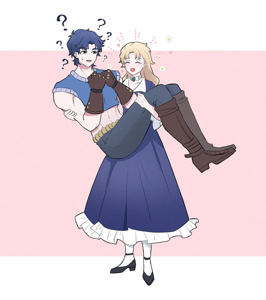 1boy 1girl ? blonde_hair blue_dress blue_eyes blue_hair boots brown_gloves carrying chuchumimipupu closed_eyes collar commentary_request crop_top dress erina_pendleton gloves highres jojo_no_kimyou_na_bouken jonathan_joestar knee_boots long_dress midriff phantom_blood princess_carry sweatdrop white_collar