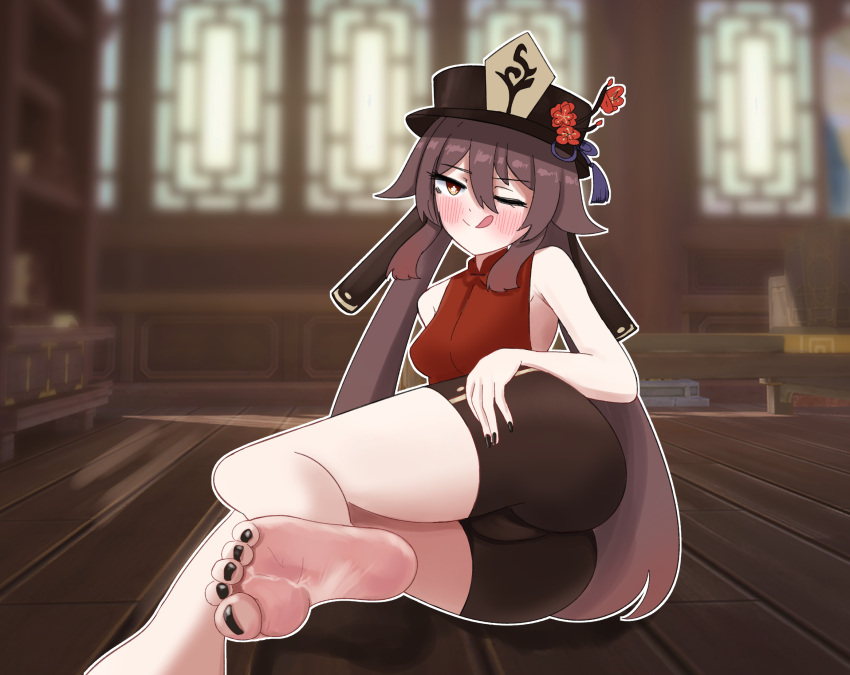 1girl ass bare_shoulders black_hat black_nails black_shorts blush bookshelf brown_hair commentary_request feet flower genshin_impact hair_between_eyes hat highres hu_tao_(genshin_impact) indoors licking_lips long_hair looking_at_viewer nail_polish on_ground one_eye_closed plum_blossoms red_eyes red_shirt sero shirt shorts sleeveless sleeveless_shirt soles solo toenail_polish toenails toes tongue tongue_out wooden_floor