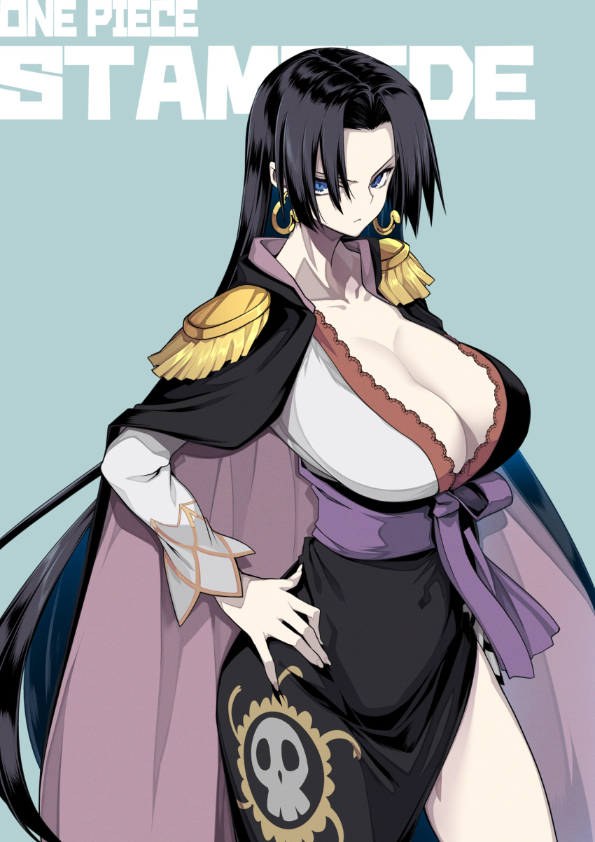 10mo 1girl bangs black_cape black_hair blue_eyes boa_hancock breasts cape cleavage collarbone copyright_name covered_navel dress duplicate earrings english_text fingernails frown hair_over_one_eye hand_on_hip highres huge_breasts jewelry long_hair looking_at_viewer no_bra one_piece one_piece:_stampede pixel-perfect_duplicate purple_sash sash sharp_fingernails shichibukai skull_print smile snake_earrings solo staring thighs v-shaped_eyebrows very_long_hair