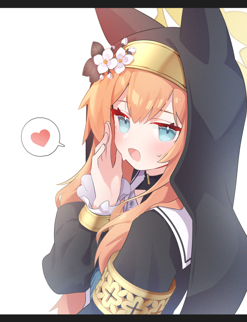 1girl absurdres animal_ears animal_hood black_dress blue_archive blue_eyes blush cat_ears dress flower habit halo hat hat_flower heart highres hood long_hair looking_at_viewer mari_(blue_archive) open_mouth orange_hair satoh_vrc solo spoken_heart white_background yellow_halo