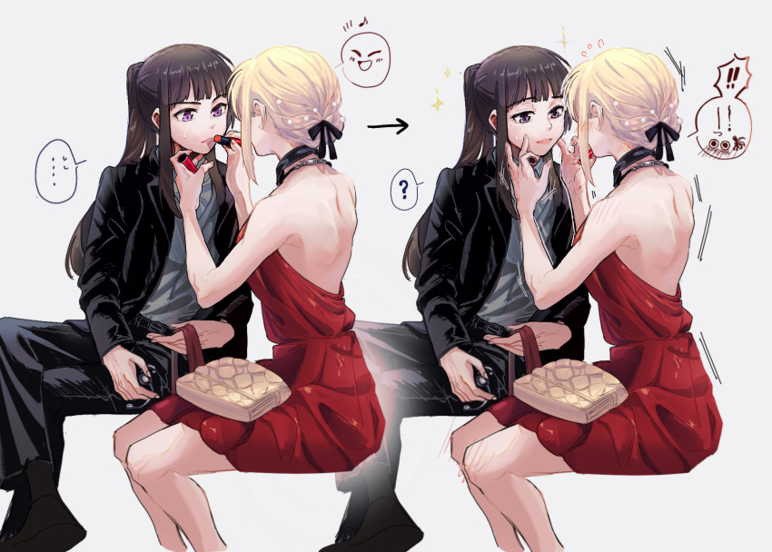 2girls ? arrow_(symbol) bag black_hair blonde_hair blush closed_mouth commentary_request cosmetics crossed_legs dress flustered hand_blush handbag highres inoue_takina invisible_chair knee_blush koyomania long_hair lycoris_recoil makeup medium_hair multiple_girls musical_note neck_blush nishikigi_chisato official_alternate_costume parted_lips purple_eyes red_dress red_lips short_hair shoulder_blush sitting spoken_expression spoken_question_mark yuri