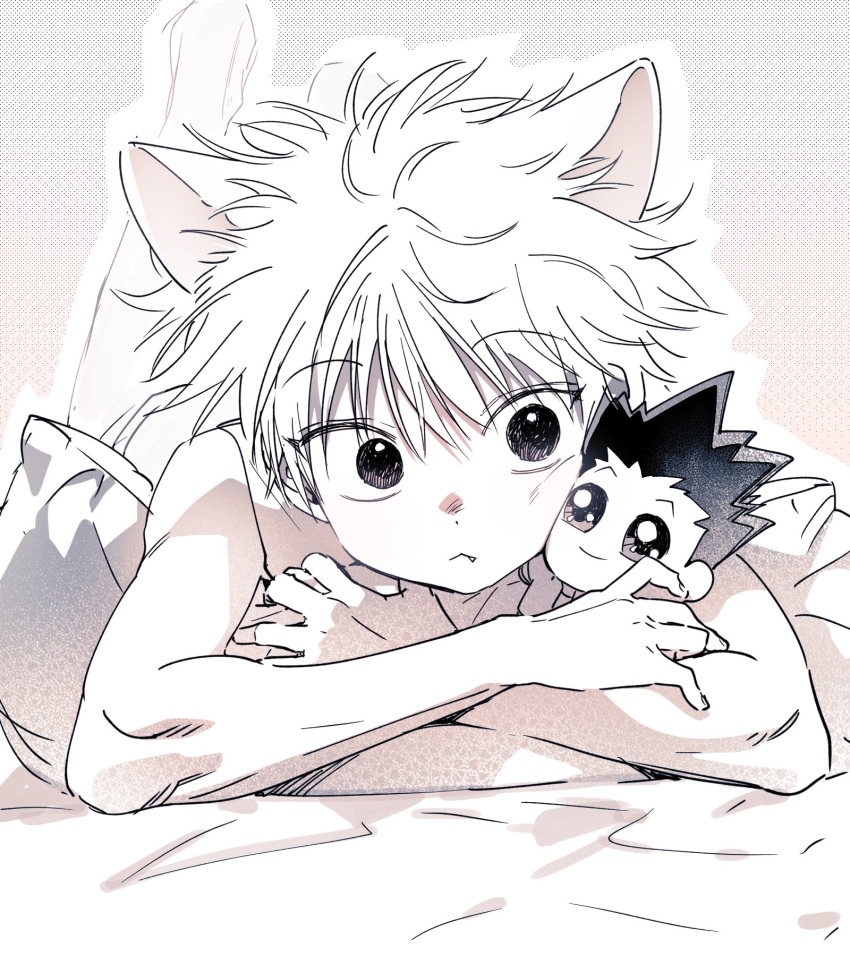 1boy animal_ears bare_arms bare_shoulders bed_sheet cat_ears character_doll closed_mouth crossed_arms fang fang_out gon_freecss highres hunter_x_hunter kemonomimi_mode killua_zoldyck lying male_focus monochrome noeardog on_bed on_stomach outline pillow short_hair sideways_glance sleeveless solo spiked_hair