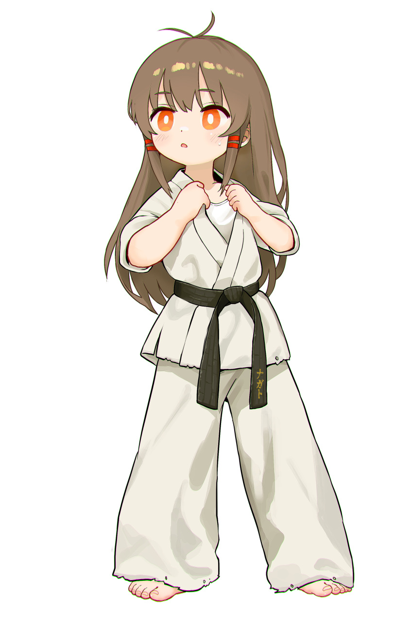 1girl absurdres barefoot belt black_belt bright_pupils brown_hair chinese_commentary commentary_request dougi full_body highres kuma-bound long_hair looking_up martial_arts_belt open_mouth orange_eyes original pants sidelocks simple_background solo standing toes white_background white_pants white_pupils