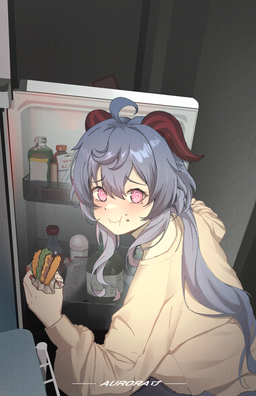 1girl @_@ absurdres ahoge blue_hair blush burger drink eating embarrassed food food_in_mouth ganyu_(genshin_impact) genshin_impact highres hnbsgy horns long_hair looking_at_viewer low_ponytail purple_eyes refrigerator shirt sidelocks solo tearing_up vegetable