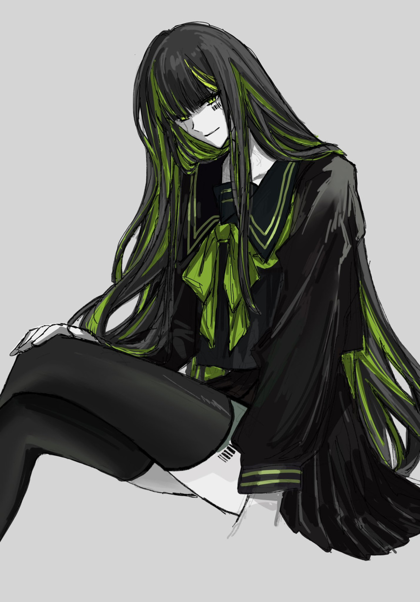 1girl alfonso_(project_moon) ashi_(dongshi389) black_sailor_collar black_shirt black_skirt black_thighhighs bow bowtie crossed_legs green_bow green_bowtie green_eyes green_hair grey_background highres limbus_company long_hair long_sleeves looking_at_viewer multicolored_hair pleated_skirt project_moon sailor_collar shirt sidelocks simple_background sitting skirt solo streaked_hair thighhighs very_long_hair