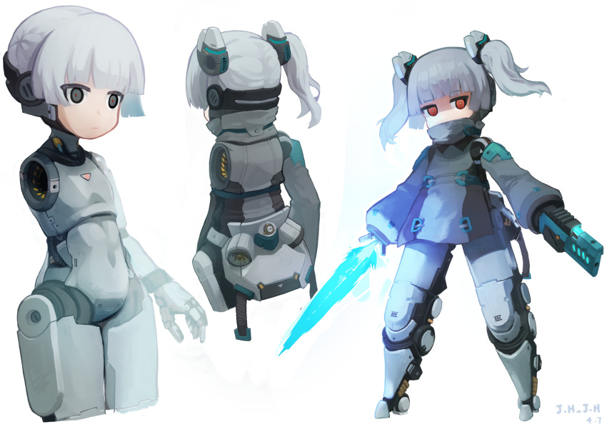 1girl arm_cannon artist_name beam_saber blunt_bangs bright_pupils cropped_legs dated full_body grey_eyes grey_hair grey_shirt high_collar highres j.h_j.h joints long_sleeves looking_at_viewer mecha_musume missing_limb multiple_views original red_eyes robot_girl robot_joints shirt short_hair twintails weapon white_background