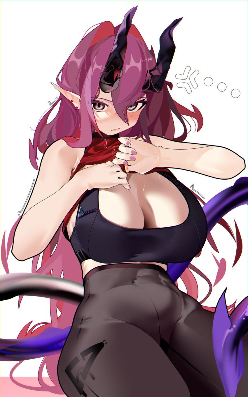 1girl absurdres alternate_costume arknights ascalon_(arknights) bare_arms bare_shoulders black_eyes black_pants black_sports_bra breasts cleavage closed_mouth commentary demon_girl demon_horns demon_tail fingernails hair_between_eyes highres horns large_breasts long_hair looking_at_viewer midriff nail_polish naxius_noxy pants pink_nails pointy_ears red_hair simple_background solo sports_bra stomach tail very_long_hair white_background