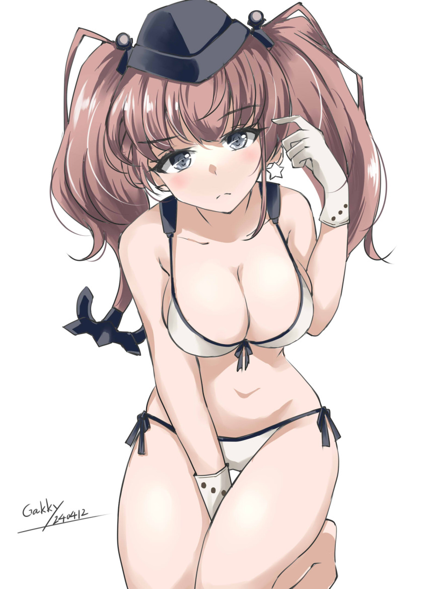 1girl anchor_hair_ornament artist_name atlanta_(kancolle) barefoot bikini breasts brown_hair cleavage collarbone dated earrings gakky garrison_cap gloves grey_eyes hair_ornament hat highres jewelry kantai_collection kneeling looking_at_viewer simple_background solo star_(symbol) star_earrings swimsuit two_side_up white_background white_bikini white_gloves
