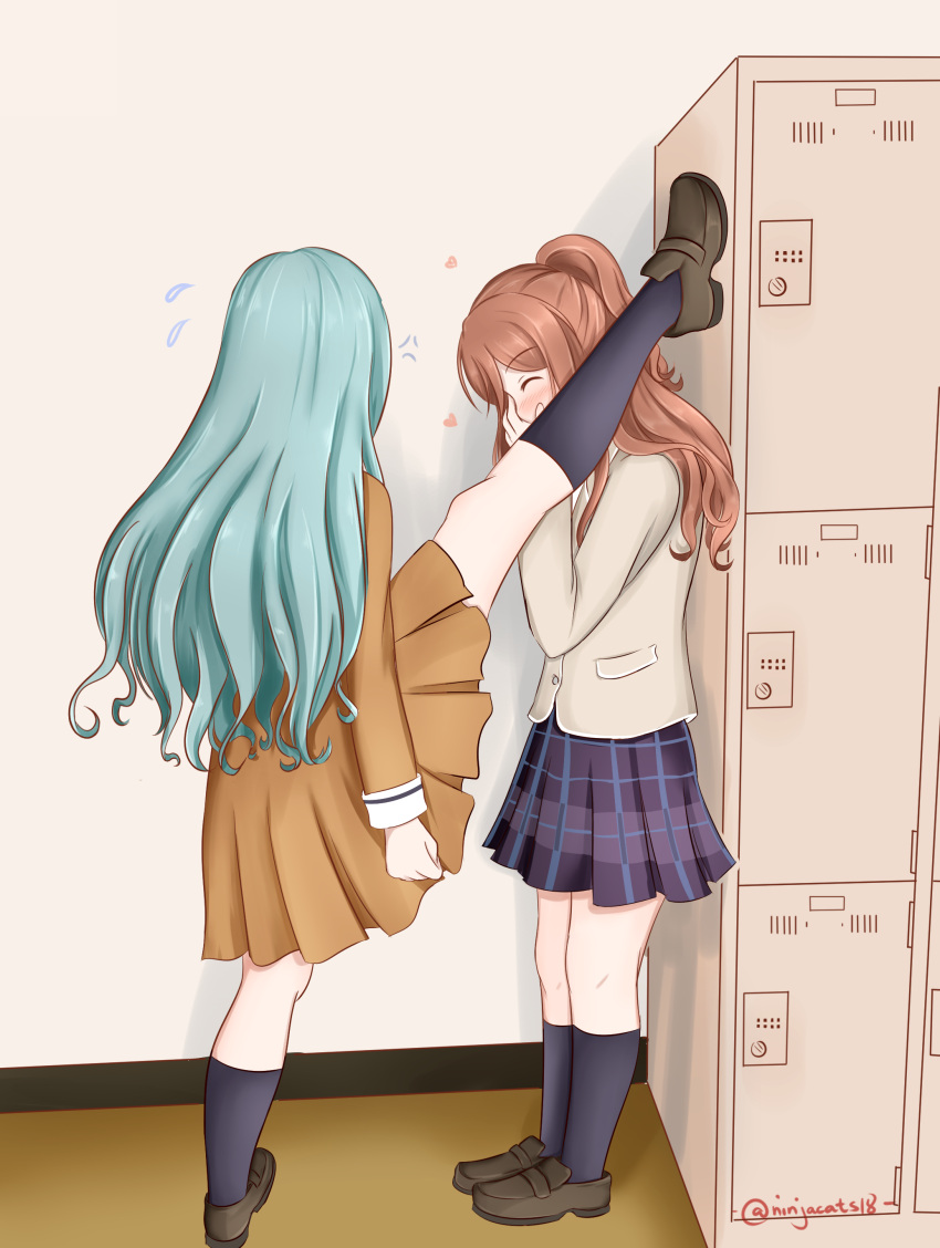 2girls absurdres anger_vein bang_dream! brown_hair closed_eyes eyebrows_visible_through_hair flying_sweatdrops foot_against_wall green_hair heart highres hikawa_sayo imai_lisa indoors kabedon locker multiple_girls ninjacats18 split standing standing_on_one_leg standing_split twitter_username yuri