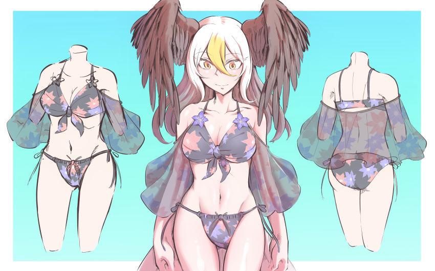 1girl absurdres ass bald_eagle_(kemono_friends) bare_shoulders bikini bird_girl bird_tail bird_wings breasts cleavage collarbone floral_print frilled_bikini frills front-tie_top gm_(ggommu) grey_hair groin head_wings highleg highres kemono_friends kemono_friends_3 large_breasts midriff multicolored_hair navel print_bikini side-tie_bikini skindentation solo standing stomach streaked_hair swimsuit symbol-only_commentary tail two-tone_hair wings