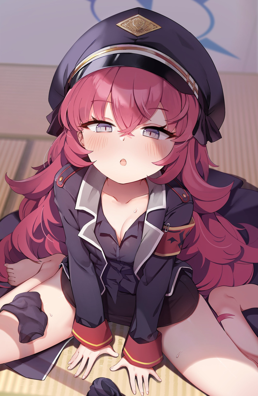 1girl absurdres armband bare_legs barefoot black_legwear black_shirt blue_archive blush breasts cleavage halo hat highres iroha_(blue_archive) jacket jehyun military military_hat military_jacket military_uniform open_clothes open_jacket open_mouth red_hair safety_pin shirt sitting small_breasts socks socks_removed solo thighs uniform wariza