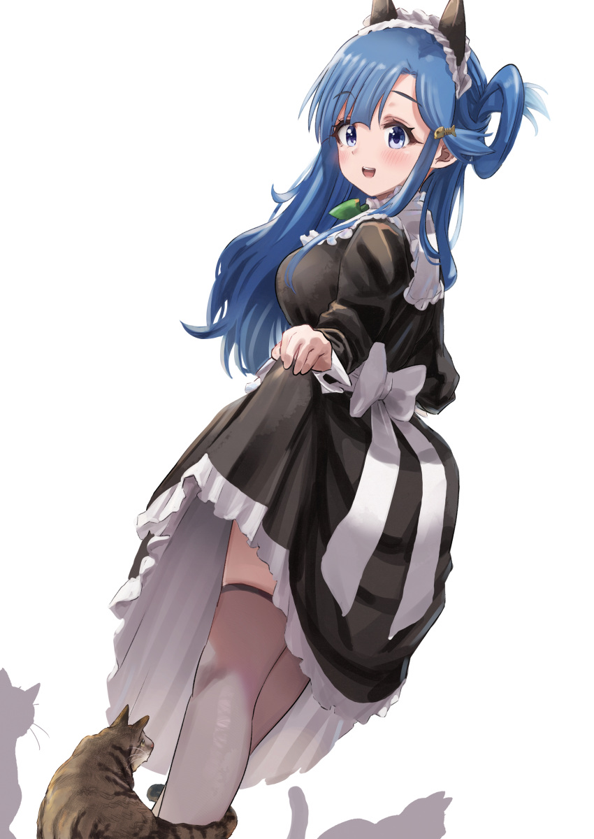 1girl absurdres animal_ears apron apron_lift asari_nanami bangs blue_eyes blue_hair blush bow braid breasts cat cat_ears frilled_apron frills highres idolmaster idolmaster_cinderella_girls large_breasts long_hair long_sleeves maid_apron maid_headdress pizzasi smile solo thighhighs white_background white_bow white_legwear