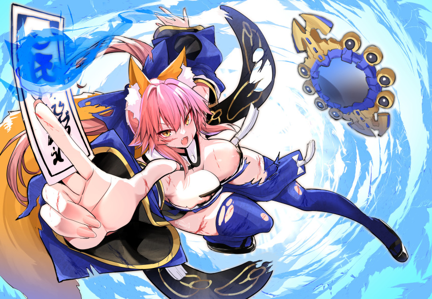 1girl animal_ear_fluff animal_ears areola_slip areolae artist_logo artist_name blue_bow blue_kimono bow breasts cleavage detached_collar detached_sleeves eyebrows_visible_through_hair fang fate/extra fate_(series) fingernails fox_ears fox_girl fox_tail full_body hair_bow highres holding holding_paper injury japanese_clothes kimono large_breasts looking_at_viewer mirror open_mouth paper pelvic_curtain pink_hair platform_footwear scratches serious solo split_ponytail suiten_nikkou_amaterasu_yanoshisu_ishi tail talisman tamamo_(fate) tamamo_no_mae_(fate/extra) thighhighs torn_clothes torn_legwear twitter_username v-shaped_eyebrows wisespeak yellow_eyes