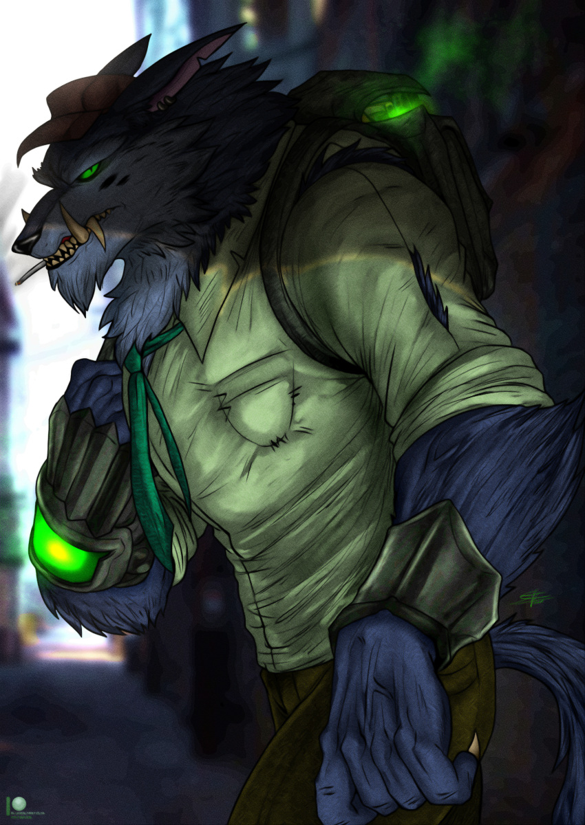 2021 absurd_res anthro backpack bluewolfartista blurred_background bottomwear canid canine clothing fur green_eyes hat headgear headwear hi_res league_of_legends male mammal muscular muscular_anthro muscular_male outside pants riot_games sharp_teeth solo teeth uniform video_games warwick_(lol) were werecanid werecanine werewolf