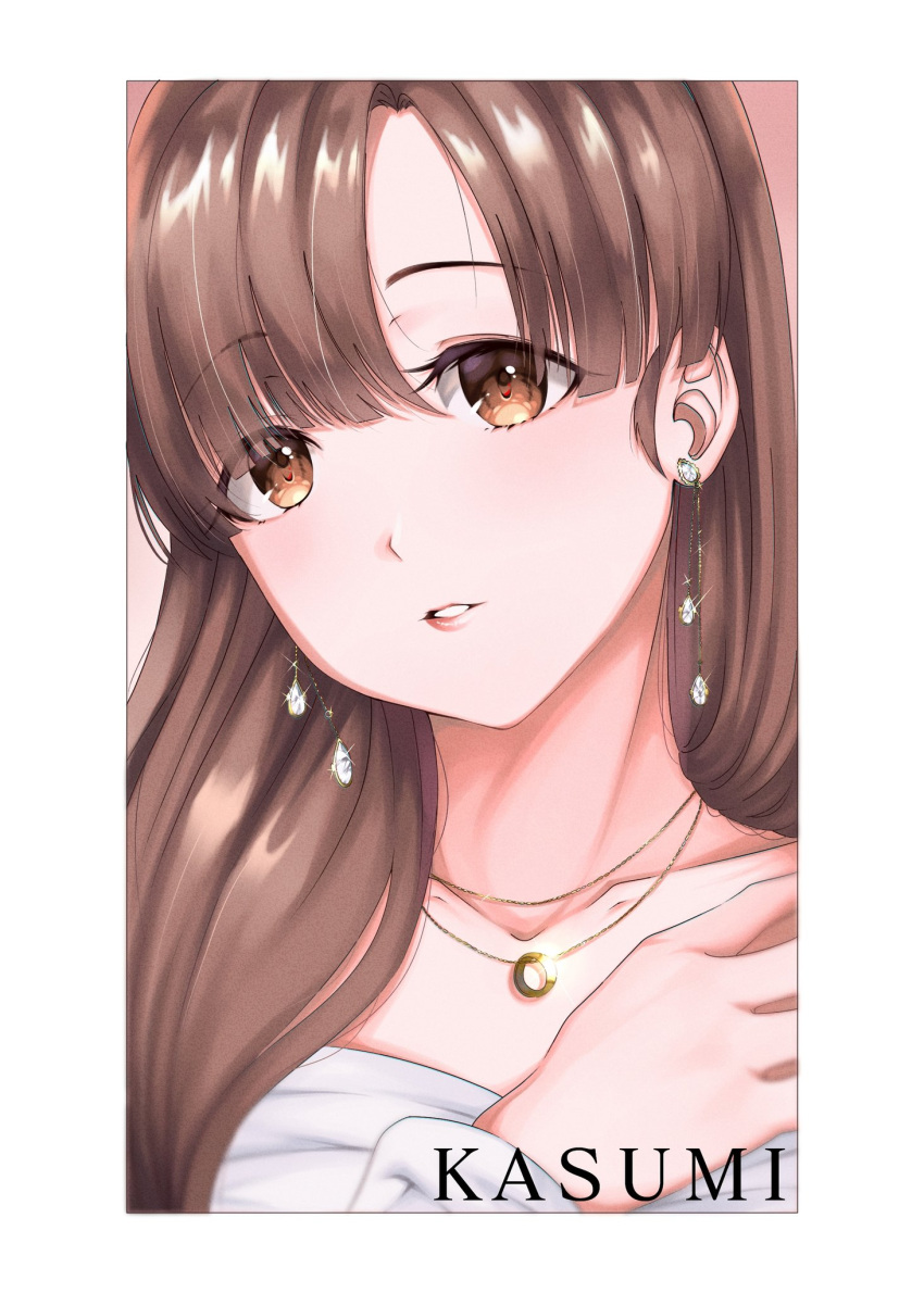 1girl bangs border brown_eyes brown_hair character_name close-up collarbone commentary dress earrings english_commentary eyebrows_visible_through_hair eyelashes hair_between_eyes highres jewelry jmoart214 light_blush lips long_hair looking_at_viewer necklace parted_lips portrait raised_eyebrows ranma_1/2 romaji_text solo tendou_kasumi white_border white_dress