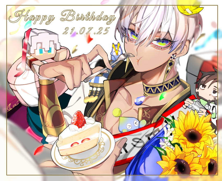 1boy apex_legends blue_eyes bracer cake chao_(sonic) collarbone crown crypto_(apex_legends) dark-skinned_male dark_skin dated eating food fork fruit grey_hair hair_behind_ear happy_birthday highres holding holding_fork holding_plate ibrahim_(nijisanji) jacket komo_(komo_dayon) looking_at_viewer male_focus minecraft nijisanji pectoral_cleavage pectorals plate pokemon pokemon_(game) pokemon_dppt prinplup solo_focus sonic_(series) strawberry virtual_youtuber white_jacket