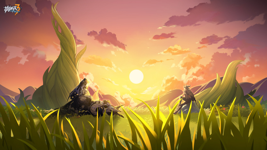 1boy 1other brown_pants cloud cloudy_sky full_body gauntlets grass green_hair grey_jacket harmonica highres holding holding_instrument honkai_(series) honkai_impact_3rd horns instrument jacket kosma official_art official_wallpaper orange_sky outdoors pants rock short_hair sitting sky sunset tree
