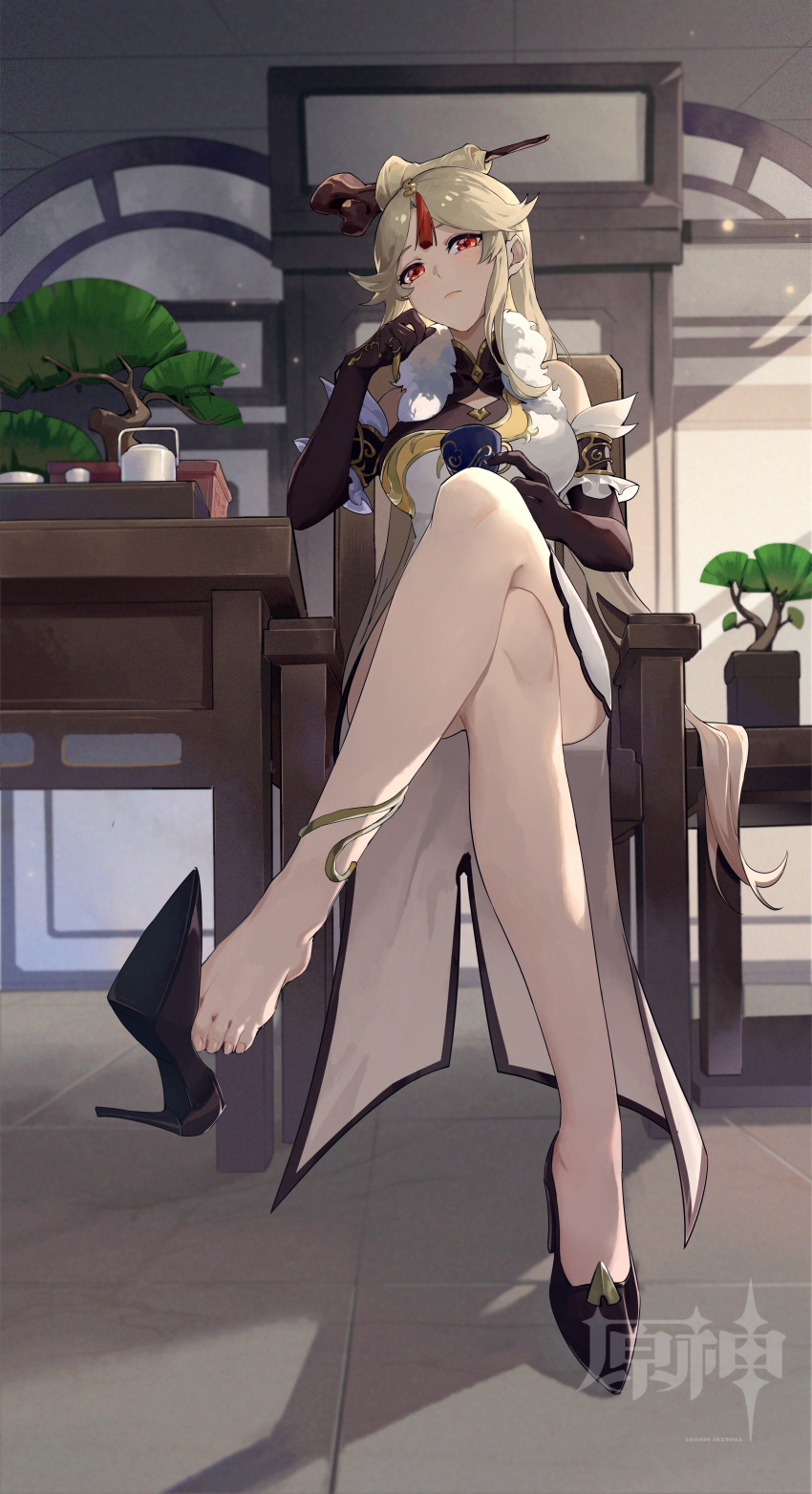 1girl absurdres bare_legs bare_shoulders barefoot black_gloves bonsai chair china_dress chinese_clothes cup dress feet full_body fur_trim genshin_impact gloves high_heels highres legs long_hair looking_at_viewer mc-sm ningguang_(genshin_impact) red_eyes sitting soles solo teacup toes white_hair