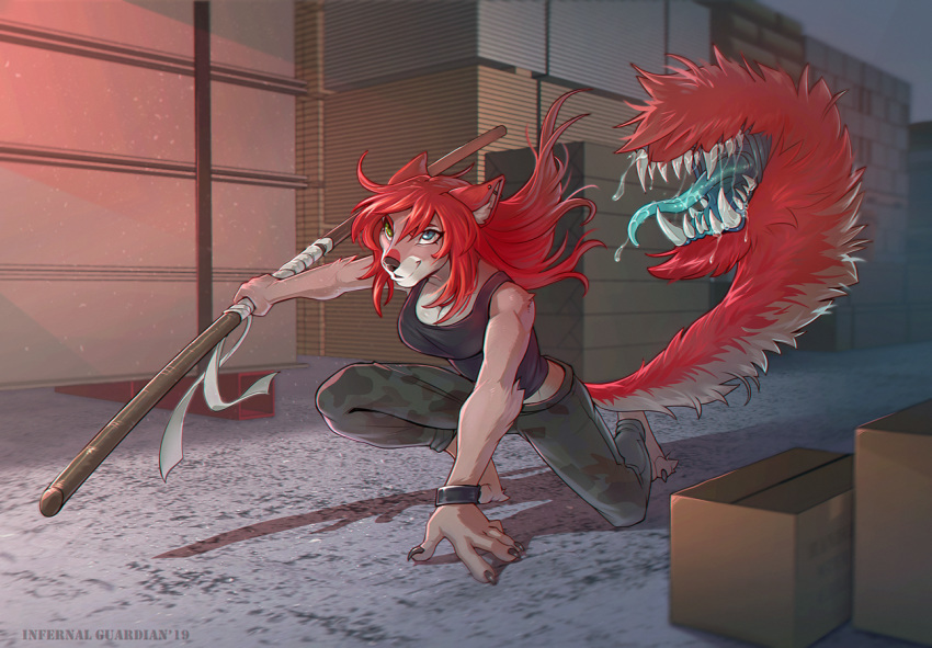 2019 5_fingers alimika anthro brown_nose canid canine clothed clothing detailed_background digital_media_(artwork) female fox hair mammal monster_tail red_hair smile solo